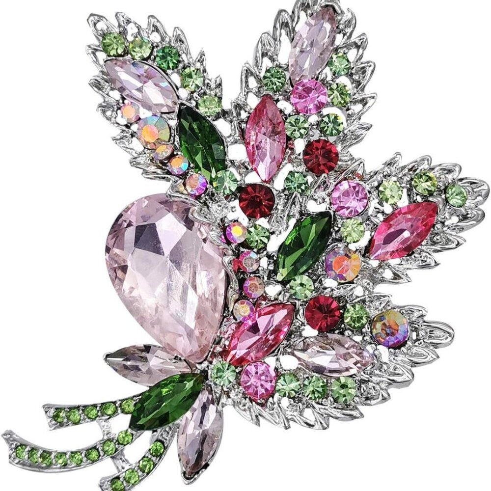 Big Large Brooch Pin Austrian Crystal Leaf Shape Bouquet Rhinestone Scarf Decora